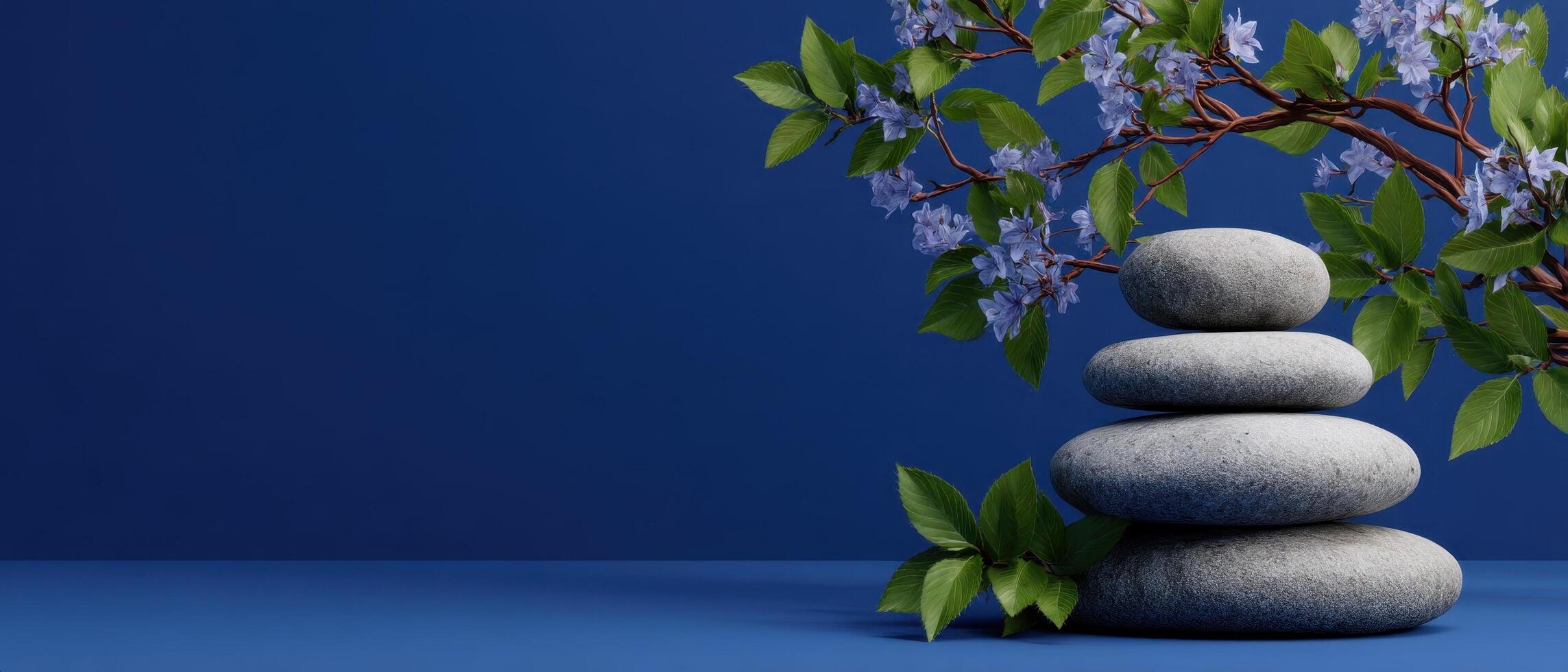 Zen garden serenity minimalist stone arrangement tranquil blue background peaceful atmosphere photo