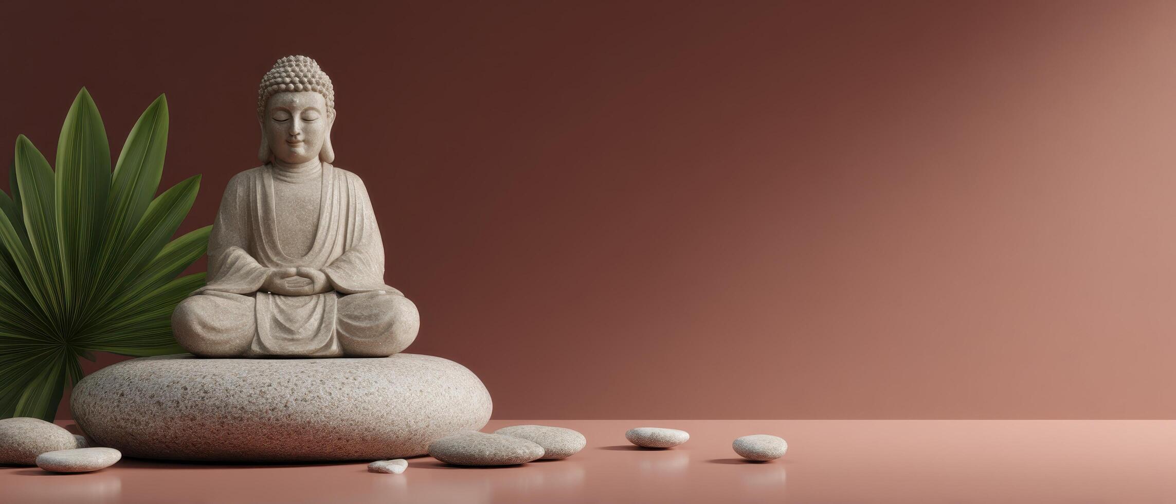 Zen buddha statue surrounded by stones minimalist living room decorative art calm environment close-up view photo
