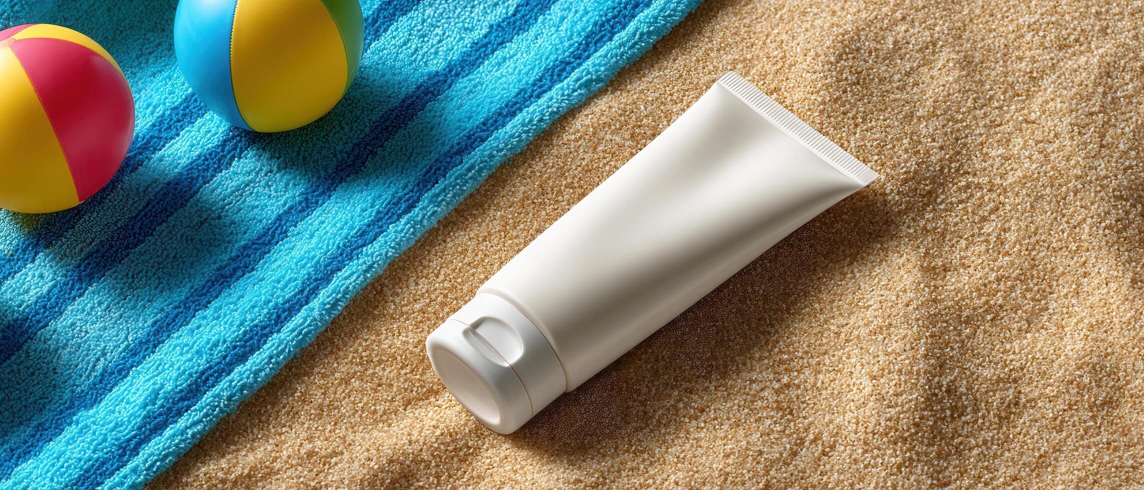 Summer beach scene with cream tube and colorful mat relaxation tropical vibes low-resolution view photo