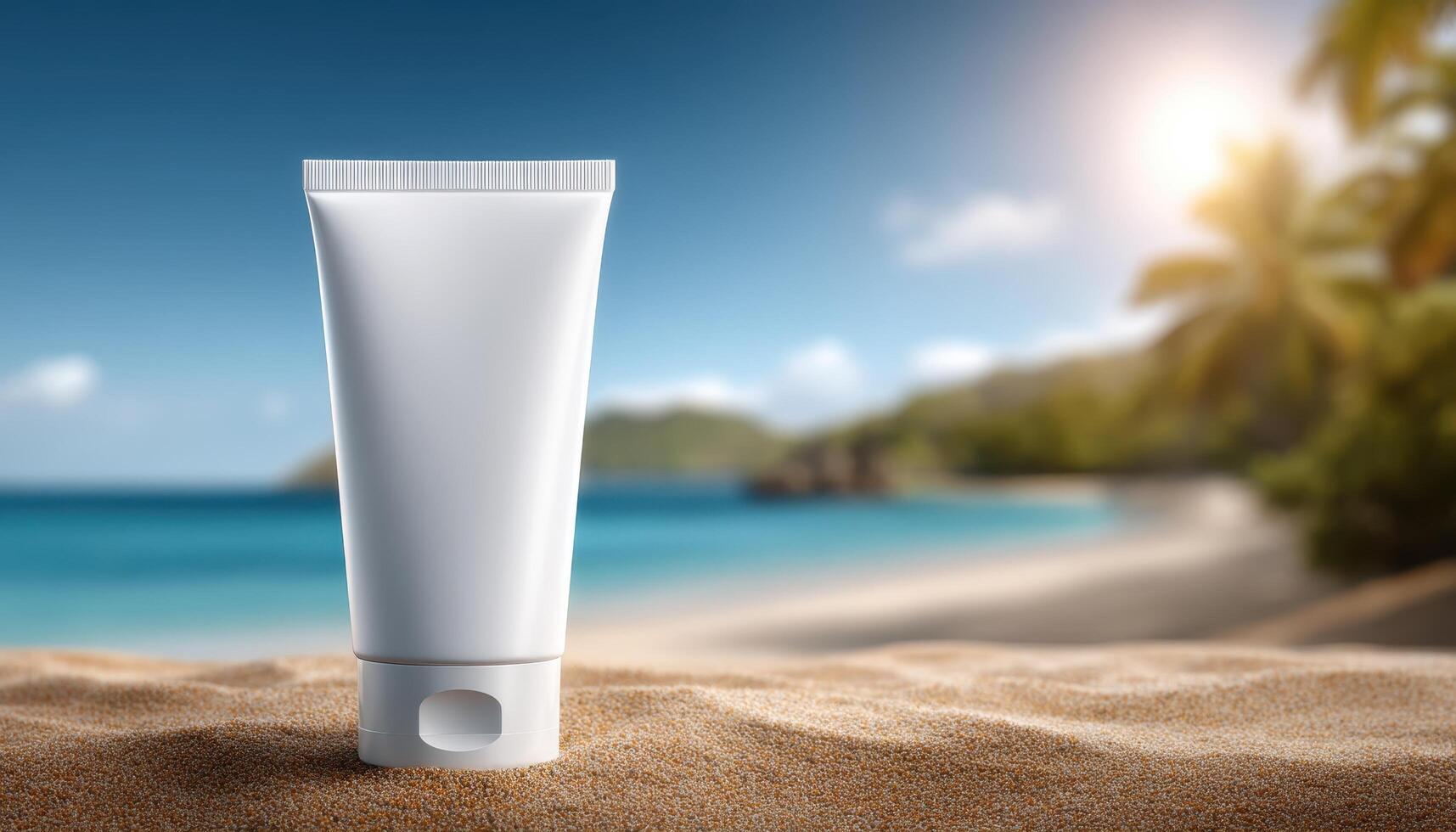 Refreshing beach scene featuring a blank cosmetic tube on soft sand tropical paradise product photography photo