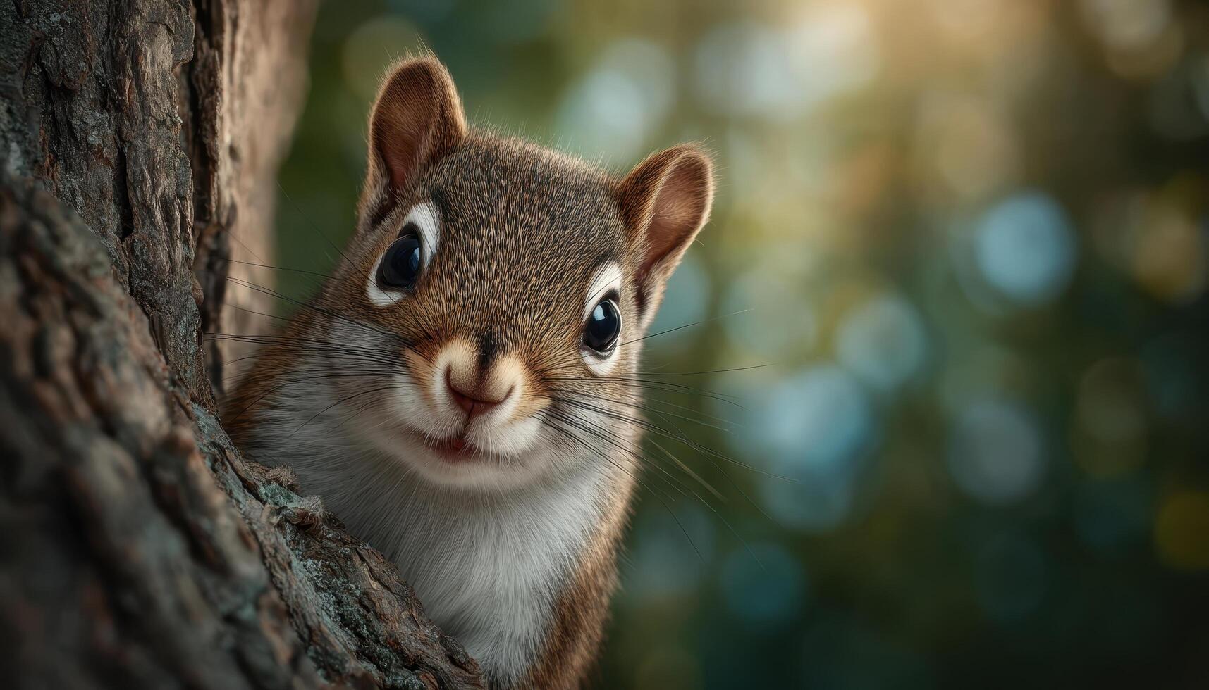 Playful baby squirrel peeking around tree trunk forest animal photography natural environment close-up whimsical photo