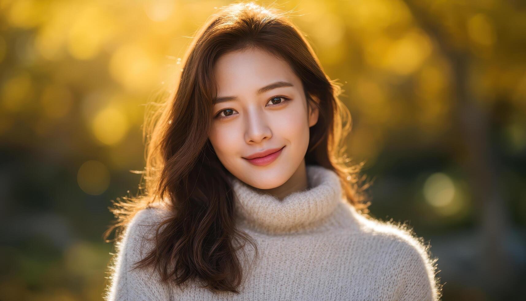 Graceful asian woman posing in sundrenched park portrait natural beauty outdoor close-up lifestyle photo