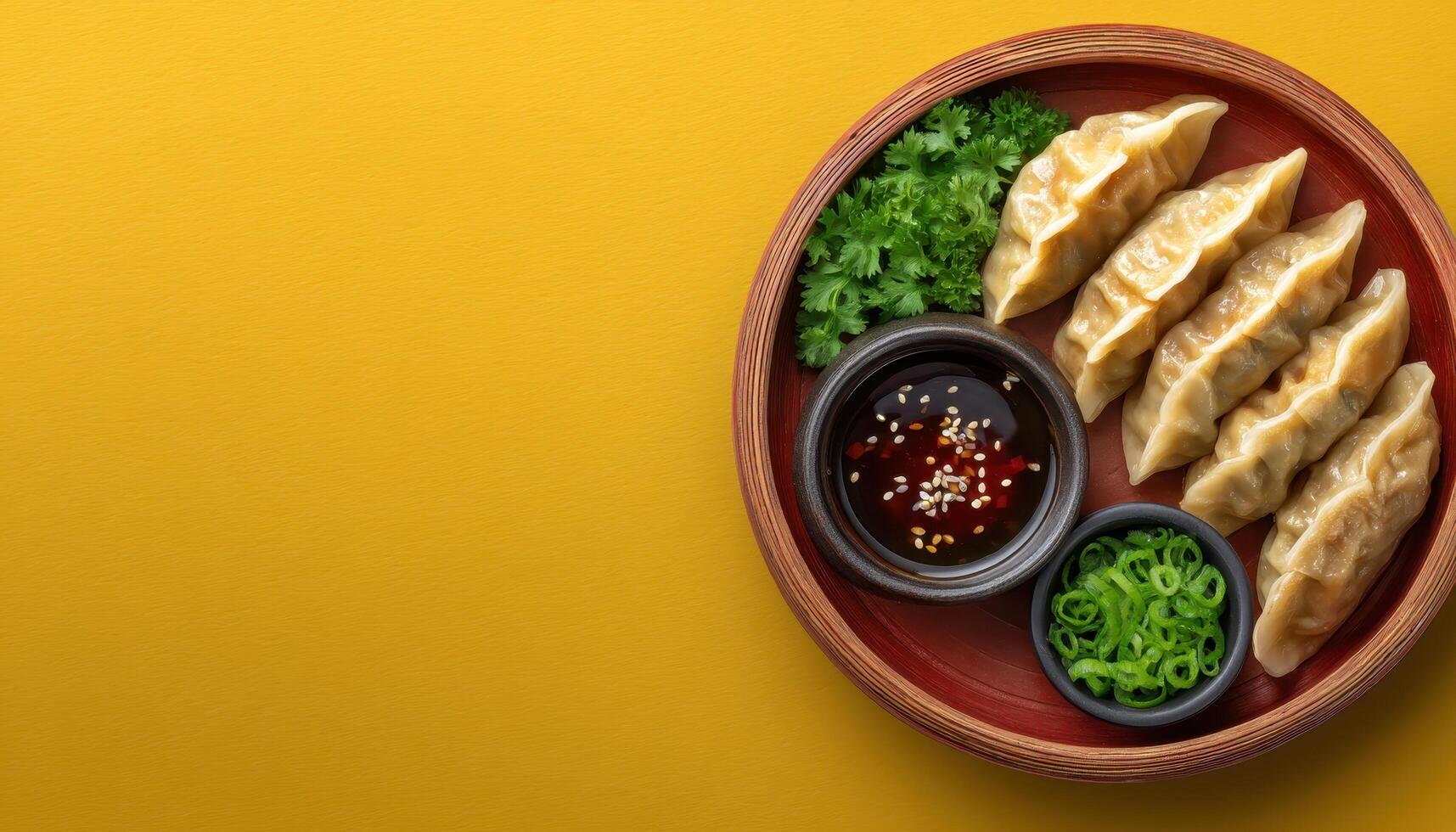 Gyoza dish presentation restaurant kitchen food photography vibrant environment close-up view culinary art photo
