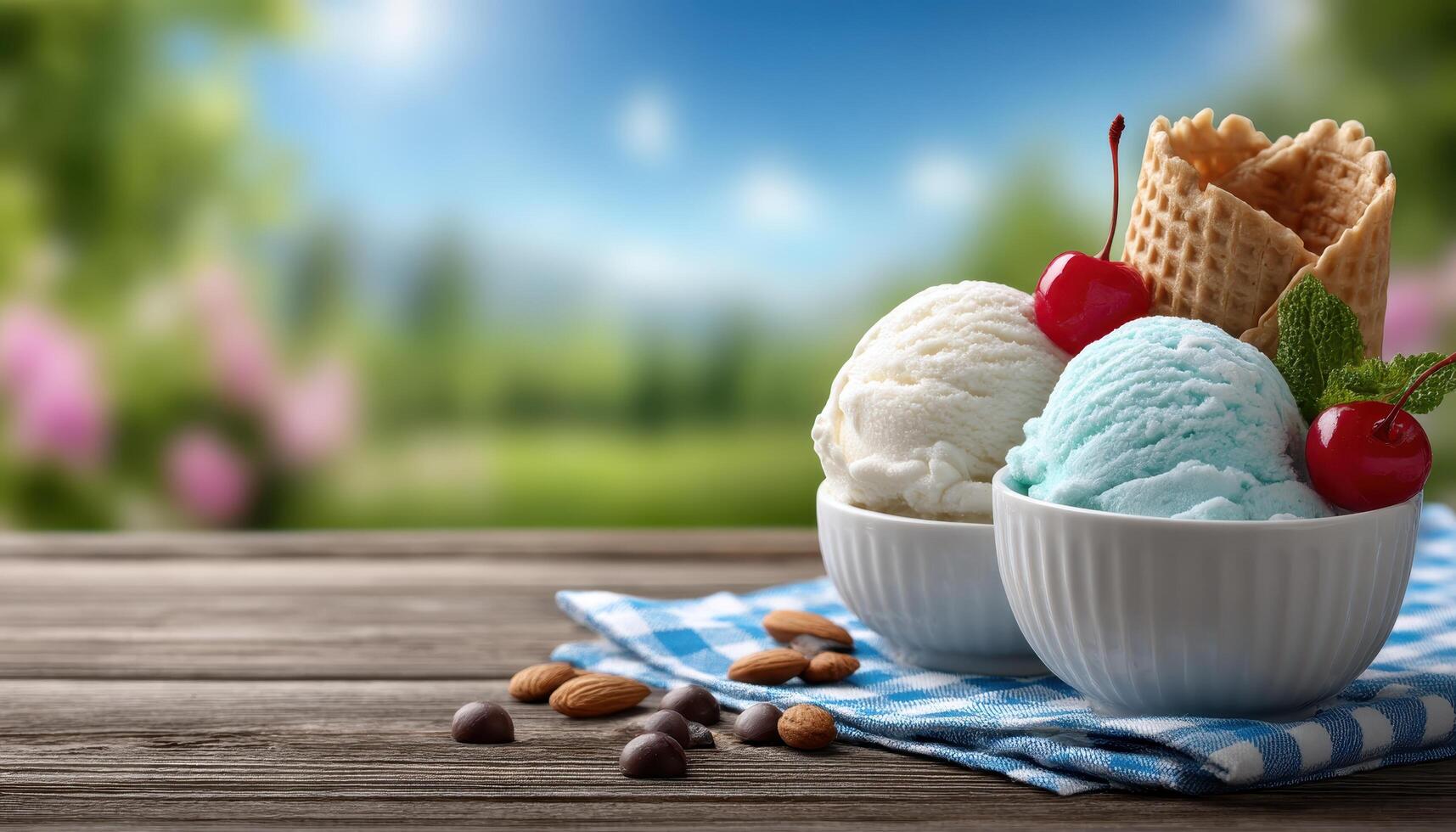 Summer picnic ice cream delights in nature scenic outdoor setup vibrant and refreshing photo