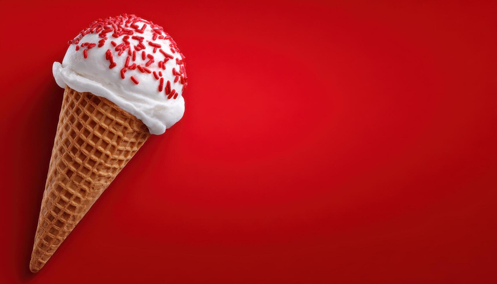 Melting ice cream cone on vibrant red background food photography playful colorful close-up photo