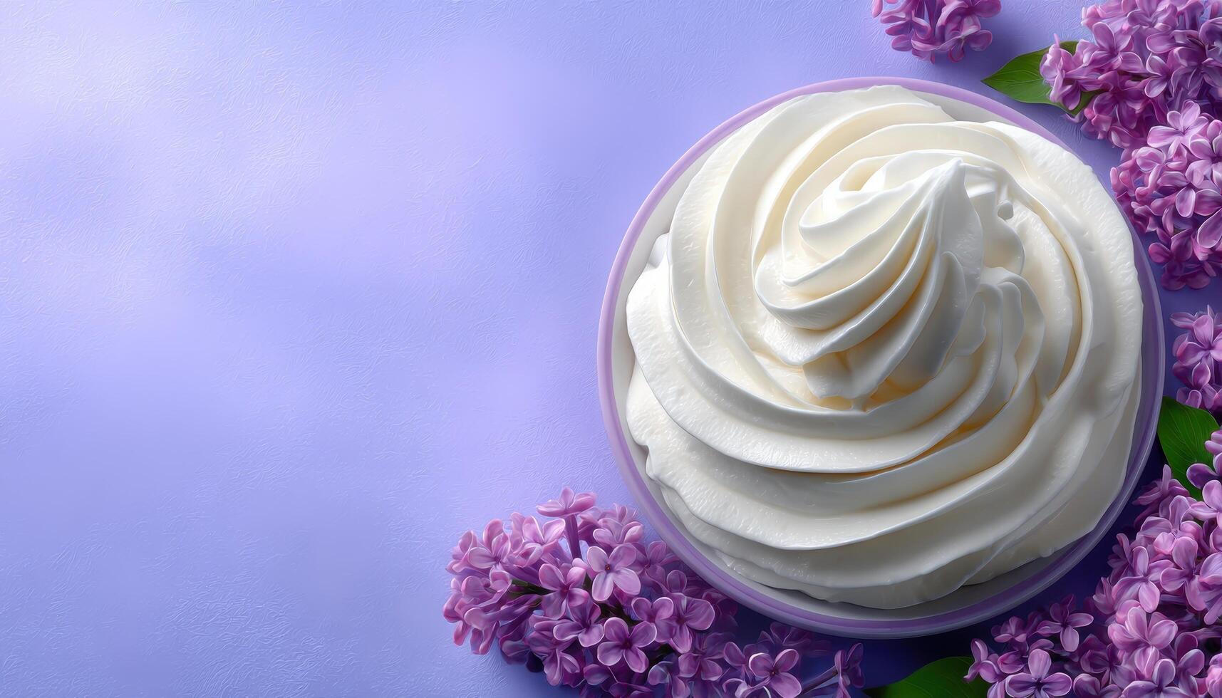 Delicious whipped cream swirl overhead view food photography floral background soft lighting dessert concept photo