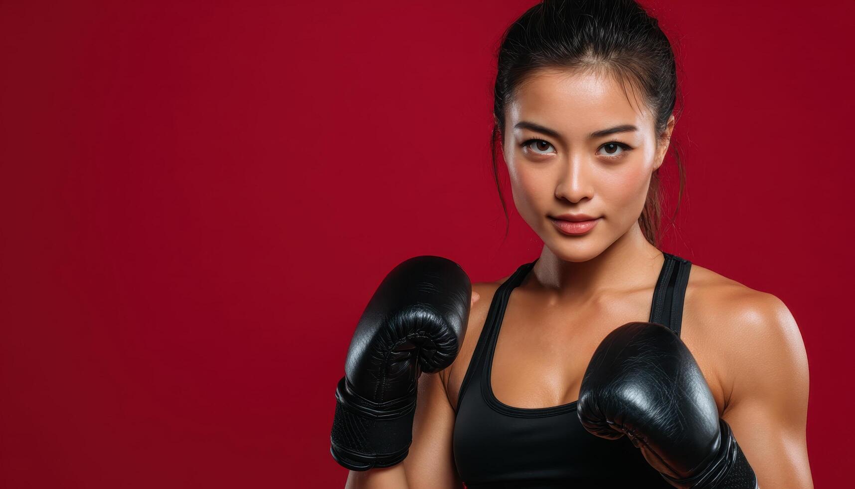 Asian woman kickboxing fitness training in a bright studio environment photo