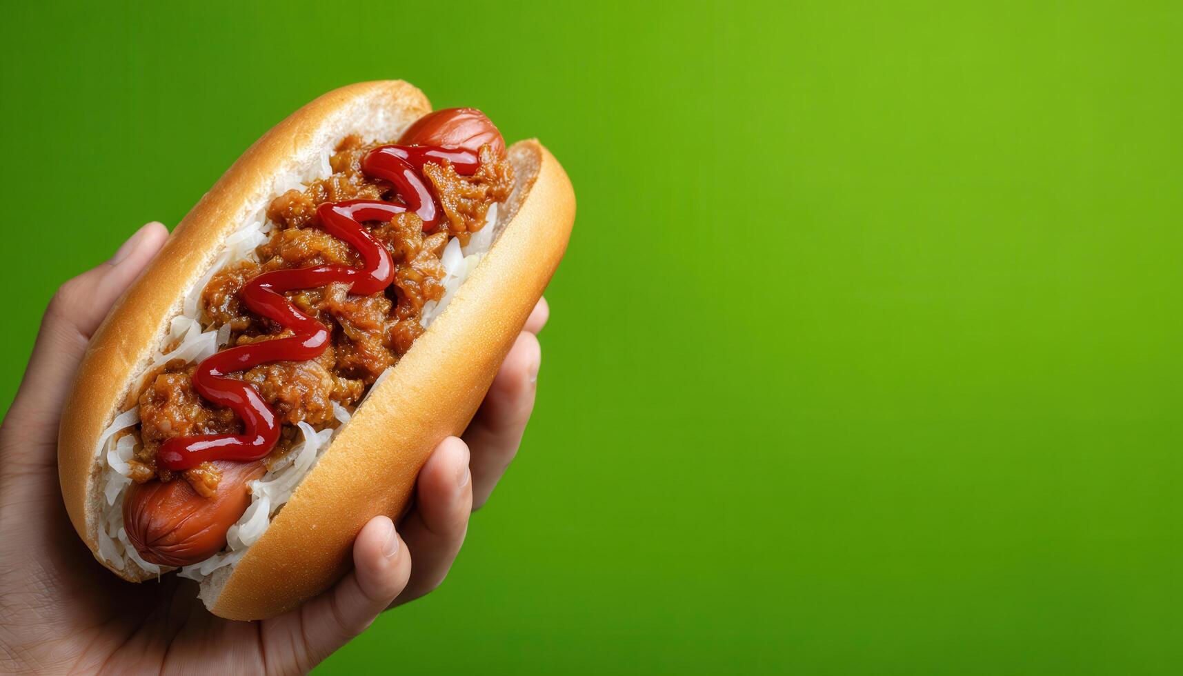 Handheld hotdog with sauerkraut and ketchup on green background food photography close-up view photo