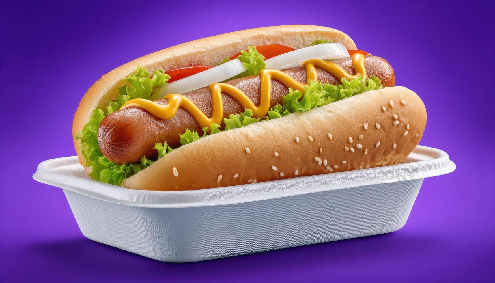 Delicious hotdog in takeaway box urban street food photography vibrant background close-up shot photo