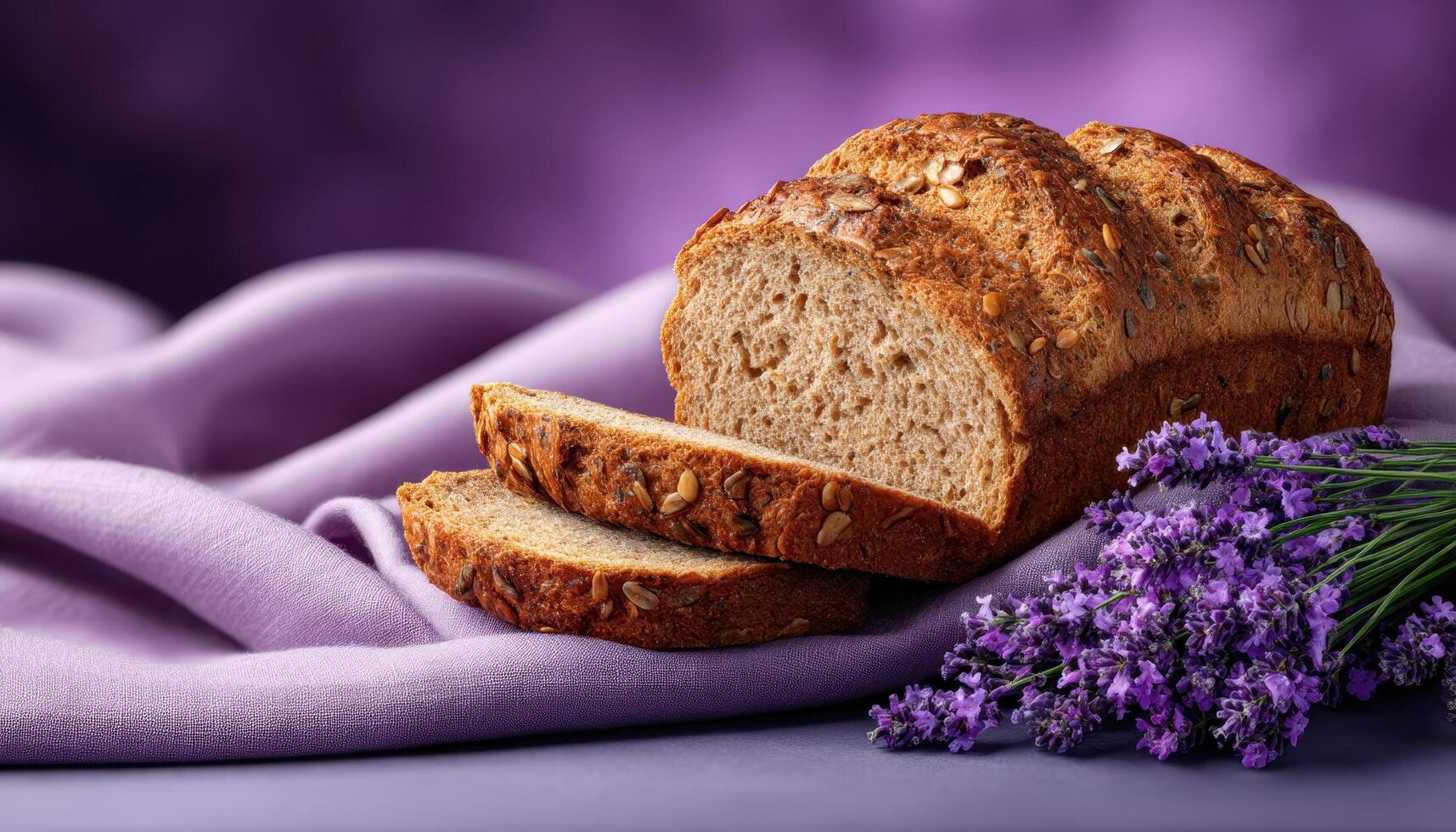 Breaking multigrain bread close-up kitchen table food photography soft lighting culinary art photo