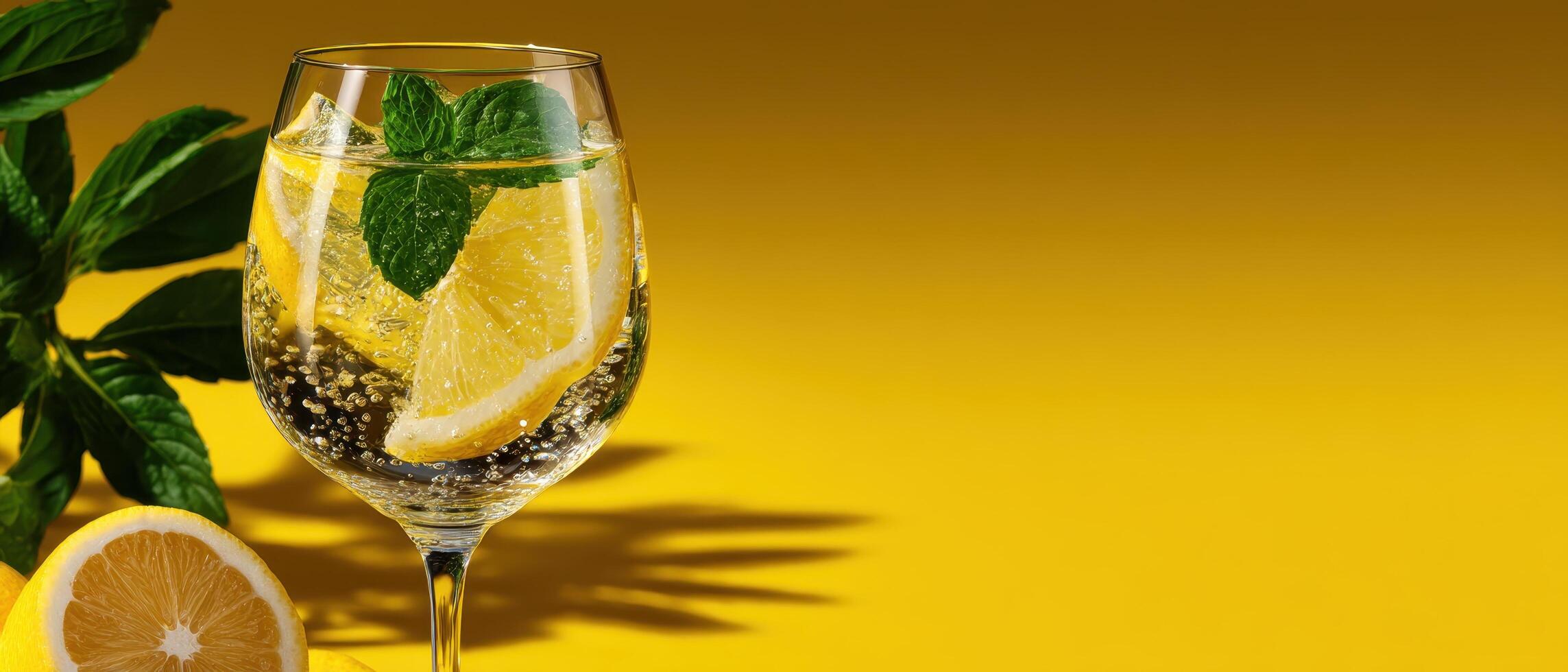 Refreshing sparkling drink with lemon and mint in modern glass bright yellow background beverage photography photo