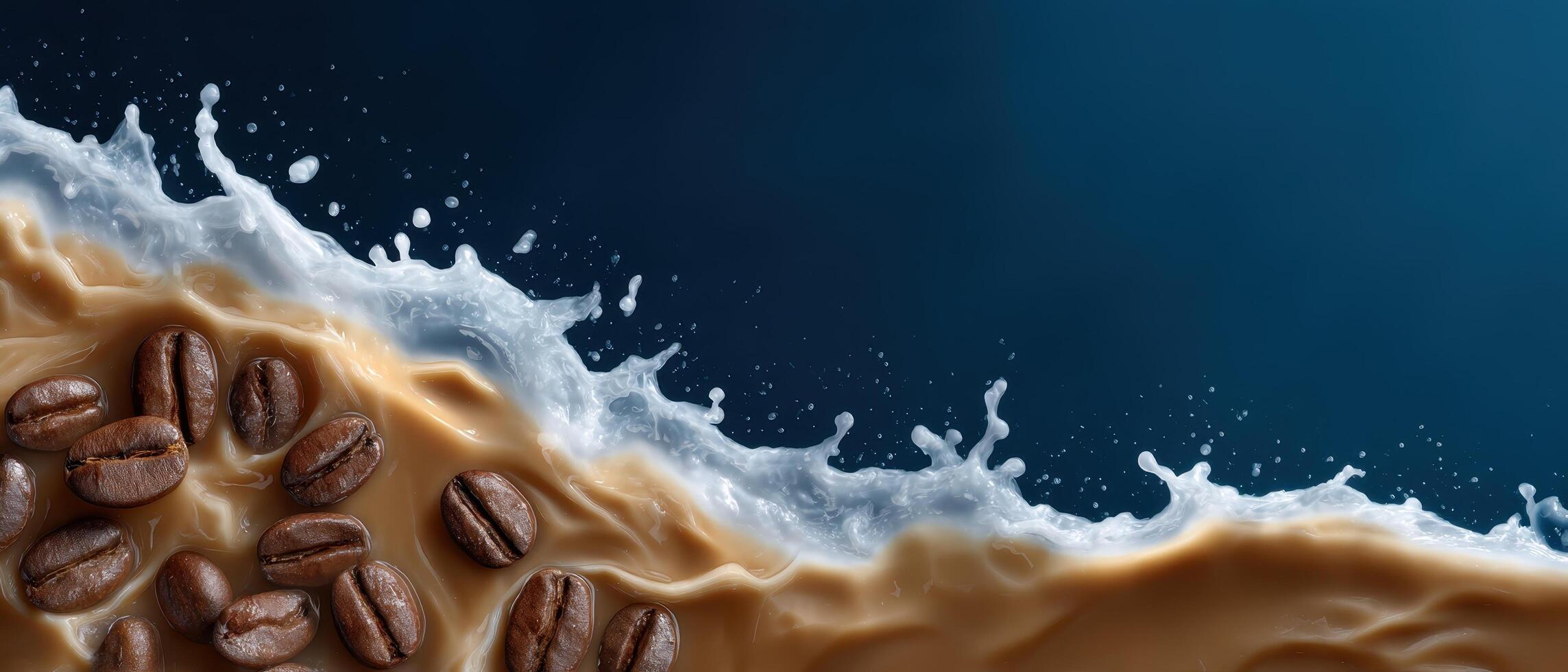 Dynamic cold brew coffee splash with coffee beans artistic display studio setting modern concept photo