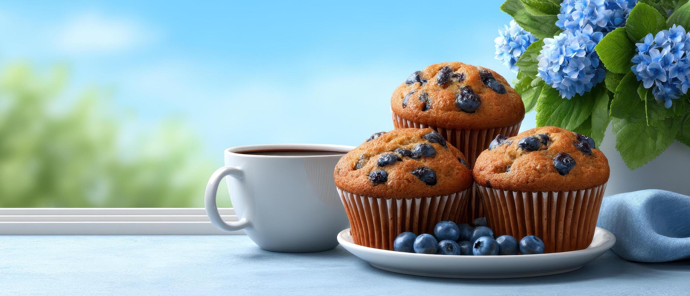 Cheerful breakfast scene with blueberry muffins kitchen table food photography bright inviting natural light photo