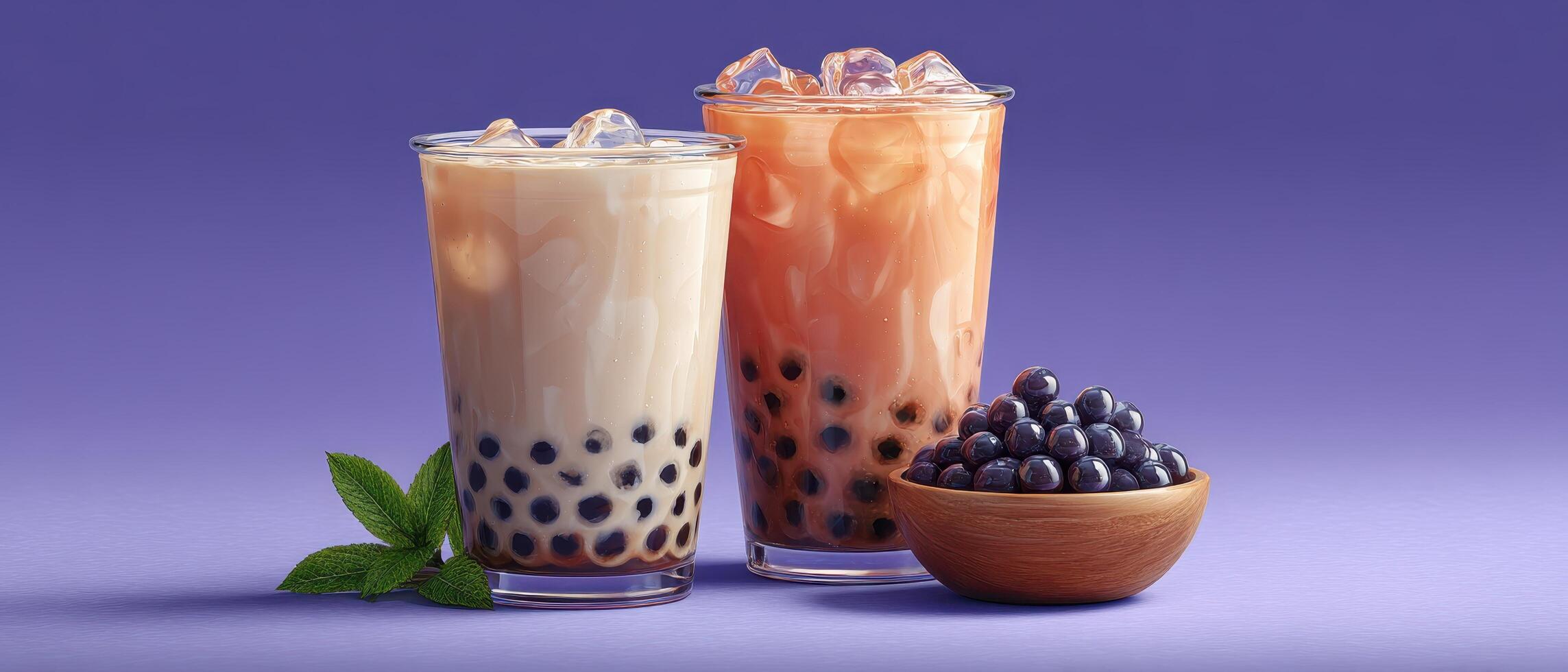 Refreshing bubble milk tea drinks on a minimalist purple background beverage photography aesthetic presentation photo