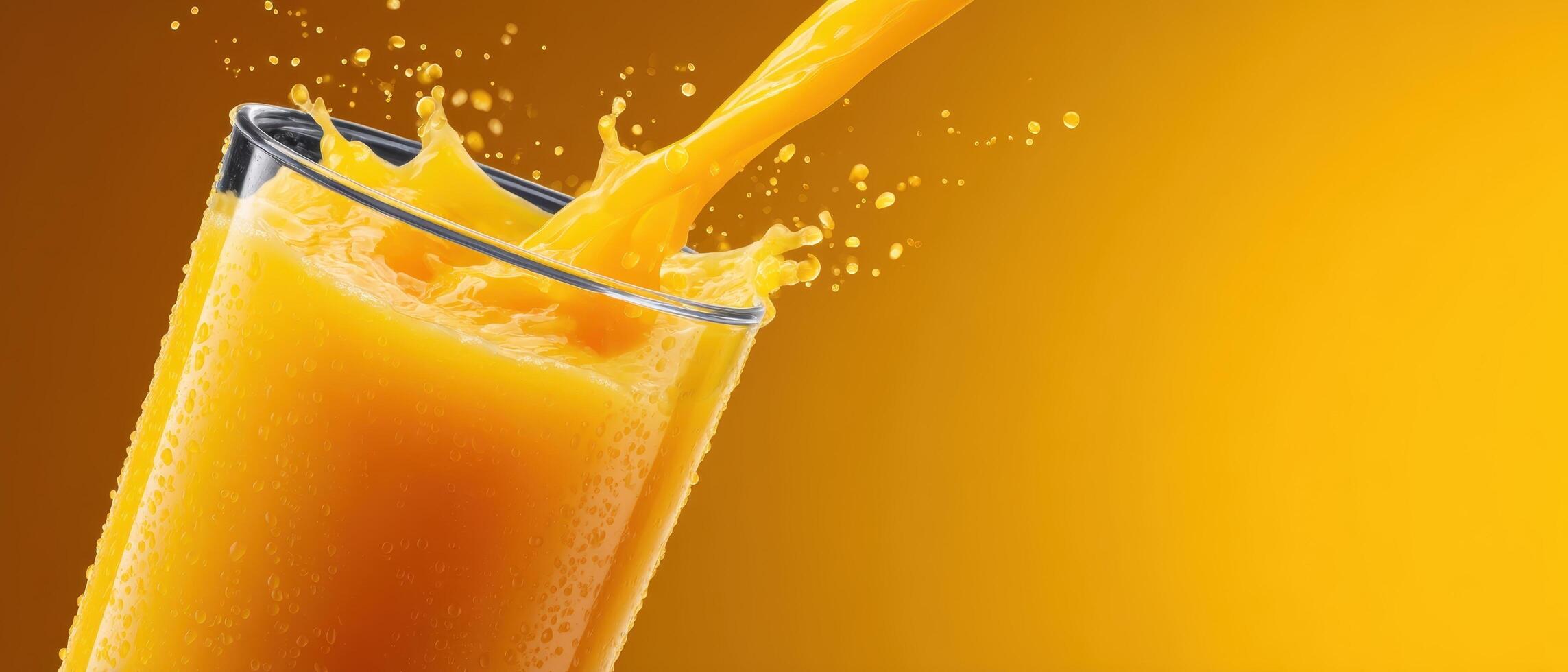 Dynamic splash of cold orange juice from glass refreshing beverage scene bright environment photo