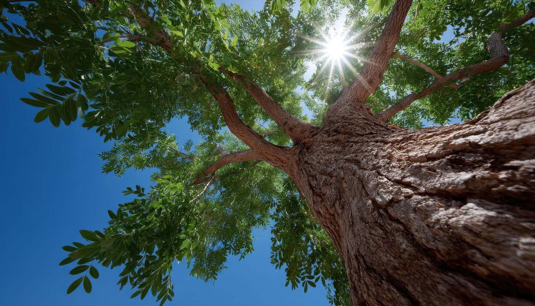 Sunlight filtering through a majestic tree outdoor nature scene bright sky environment low angle view photo