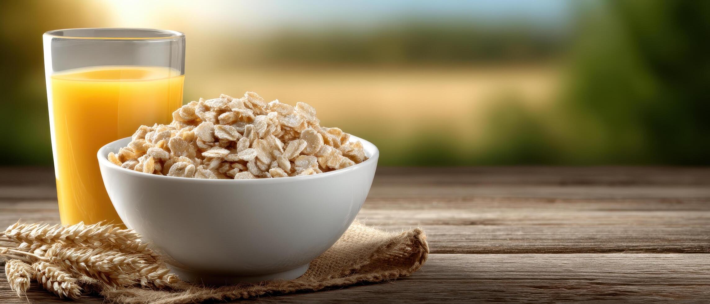 Rustic kitchen breakfast scene with cereal and juice country setting food photography natural light photo