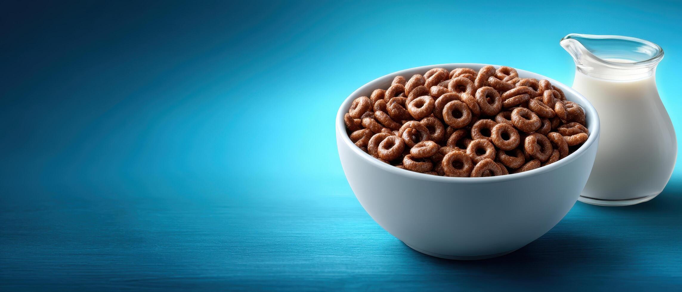 Delicious chocolate cereal bowl with milk light blue background food photography indoor close-up photo