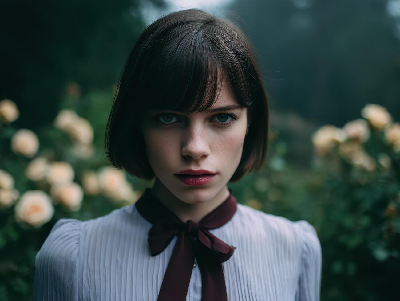 Intense portrait of a young woman in a rose garden dramatic focus natural light close-up emotional expression photo