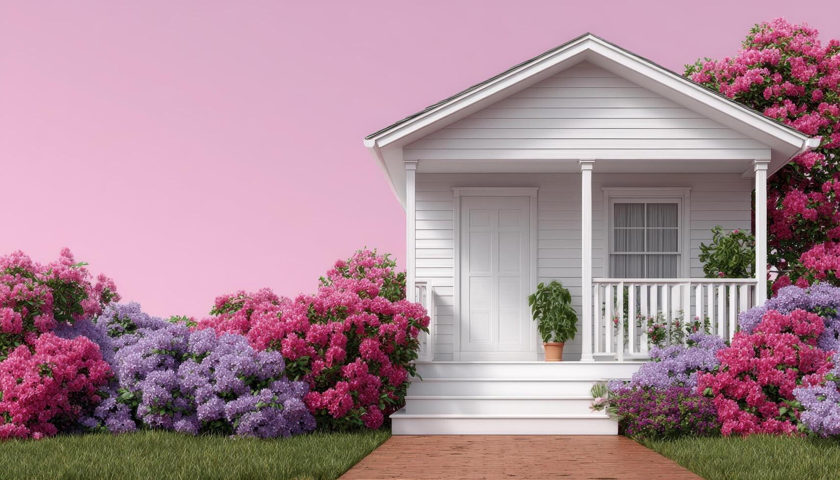 Charming modern cottage with inviting porch surrounded by vibrant flowers front view garden serenity photo