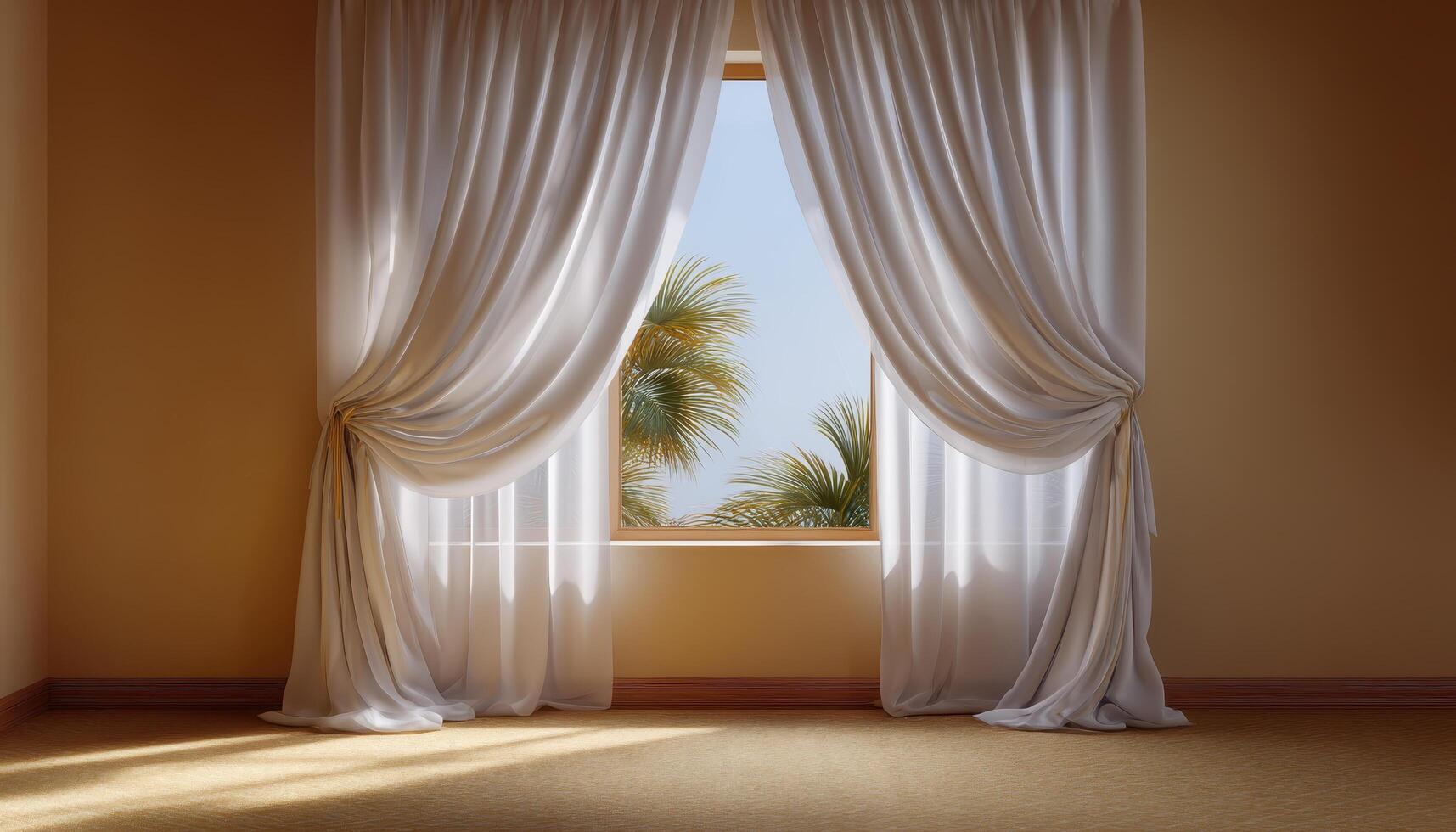 Elegant living room with sheer curtains and tropical view home interior modern aesthetics photo