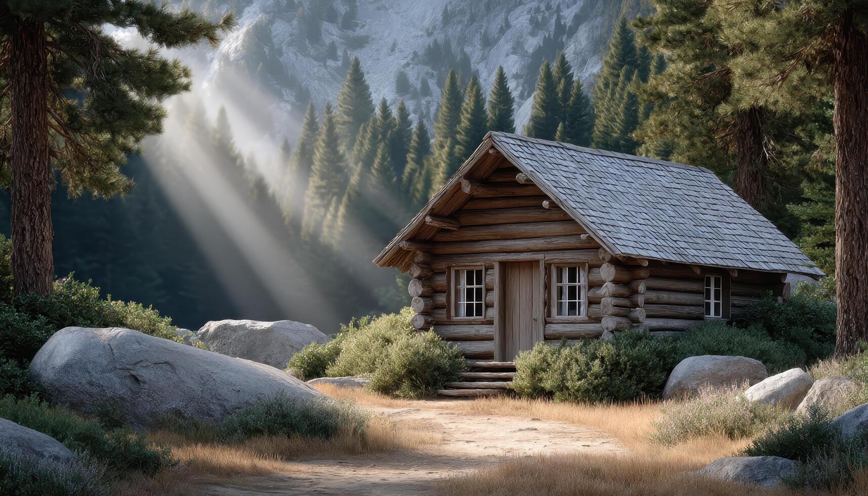 Rustic log cabin in serene woods nature photography tranquil environment bright illuminations photo