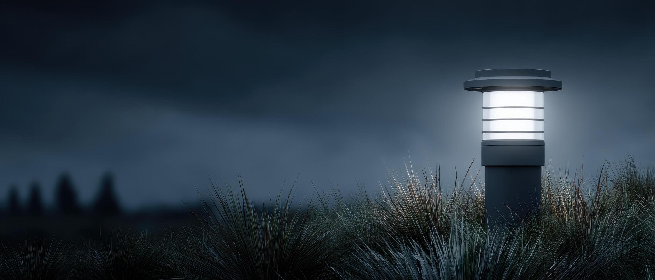 Modern lawn light fixture illuminating landscape at dusk artistic capture serene environment photo