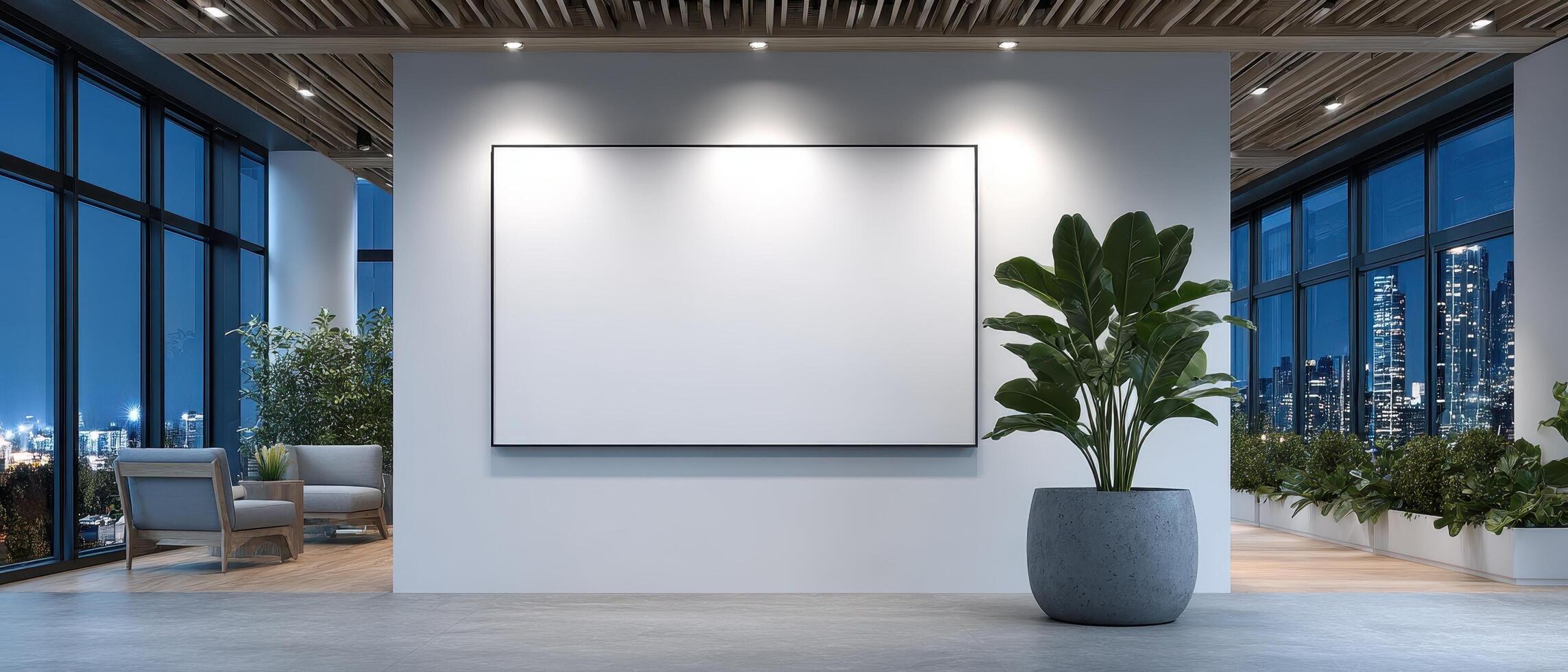 Minimalistic brainstorming area with bright white walls urban office interior design modern daylight creative space photo