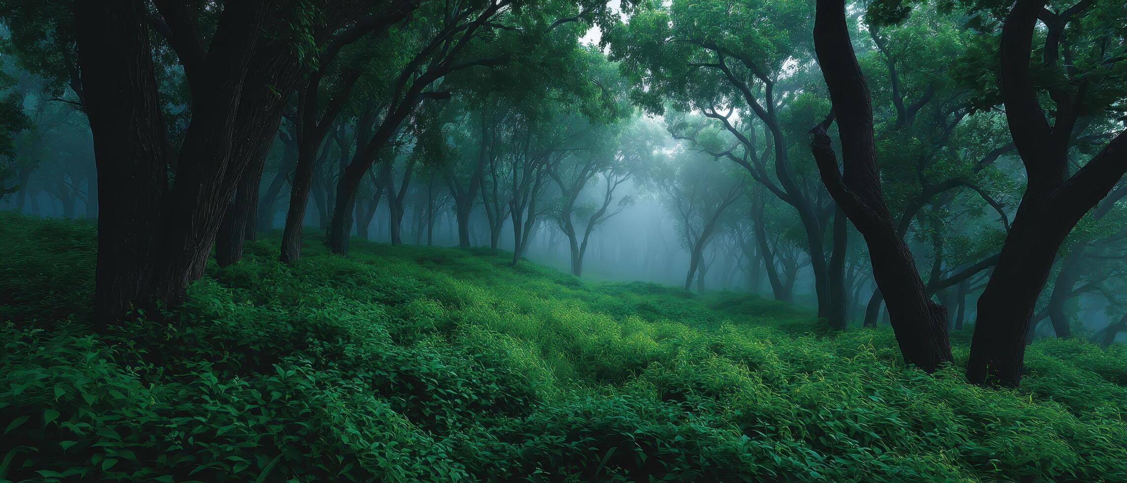 Misty morning forest walk lush green trees landscape photography serene environment peaceful viewpoint photo