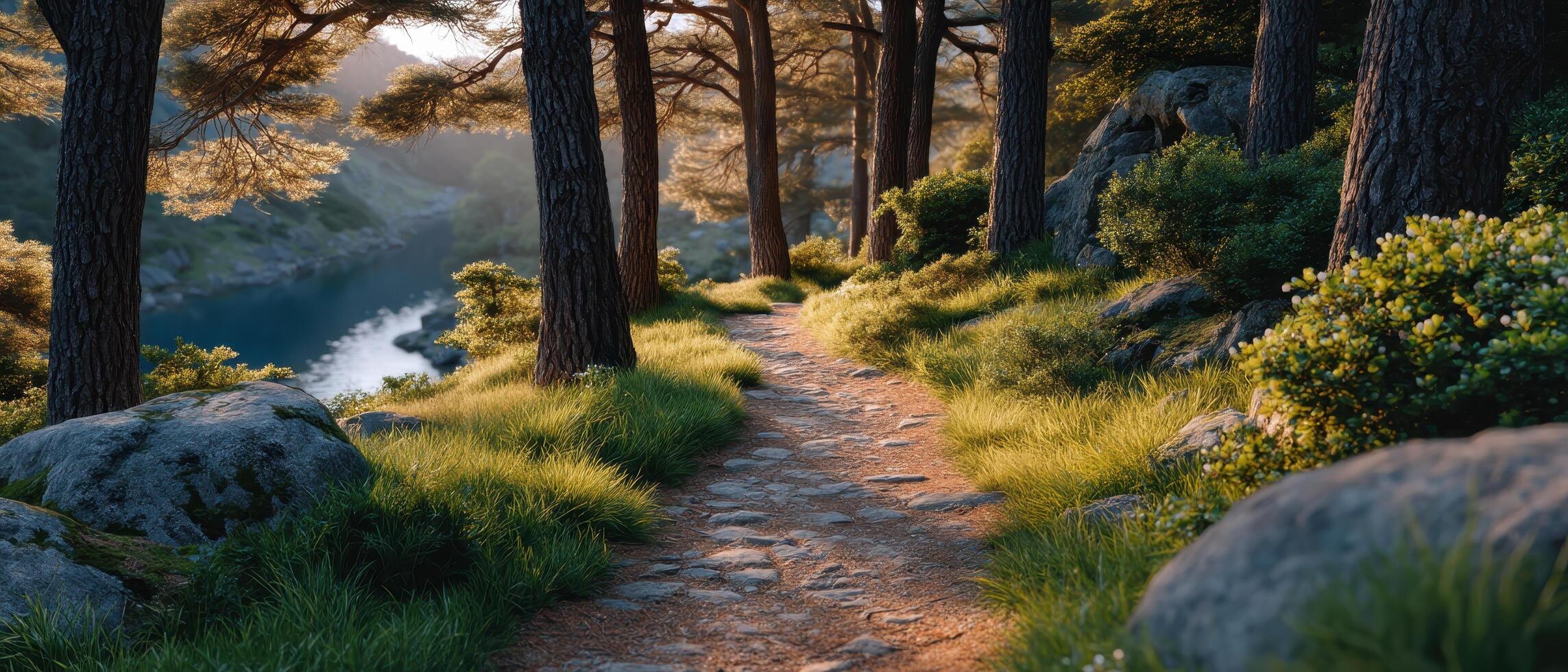 Golden sunlight filtering through lush leaves on scenic forest path nature serenity outdoor tranquil photo
