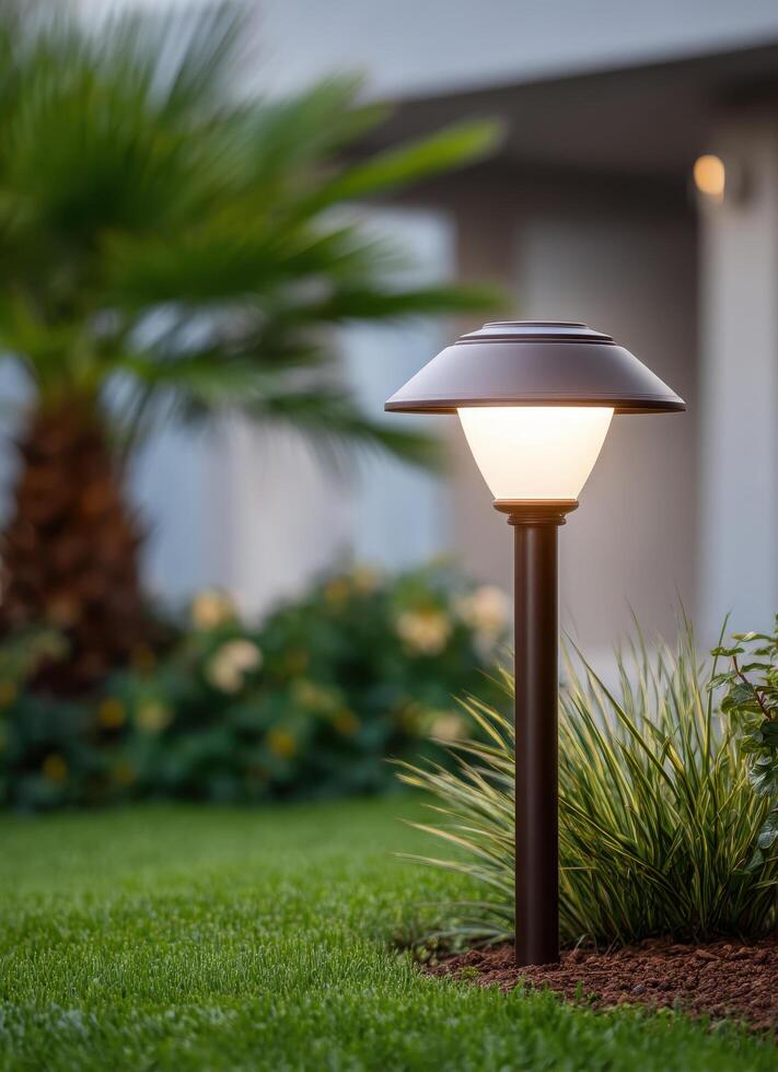 Innovative lawn lighting designs showcase residential garden closeup photography outdoor environment modern aesthetic photo