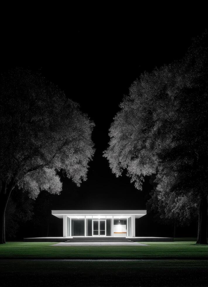 Illuminated modern glass structure at night architectural photography serene environment photo