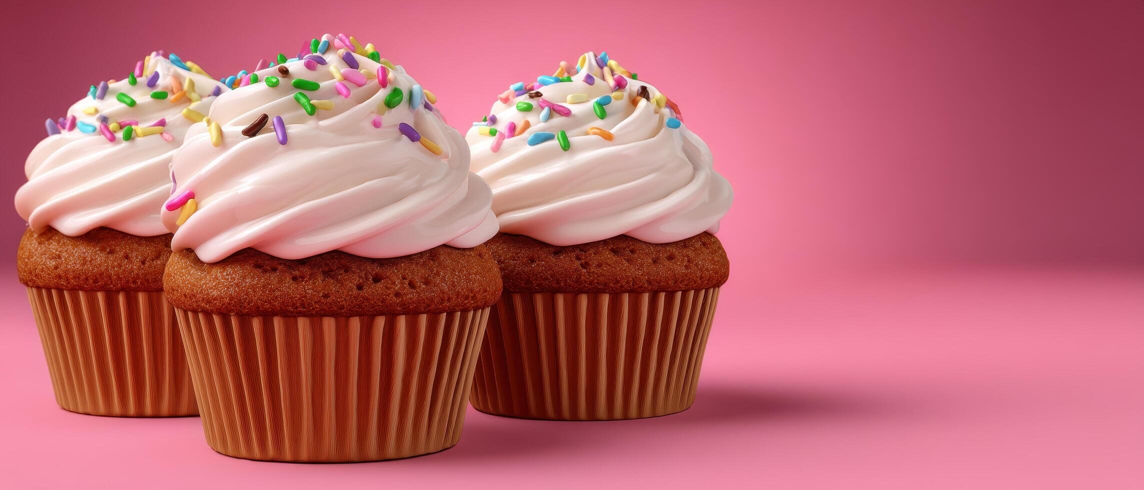 Deliciously decorated cupcakes trio bakery display food photography pink background close-up sweet treats photo
