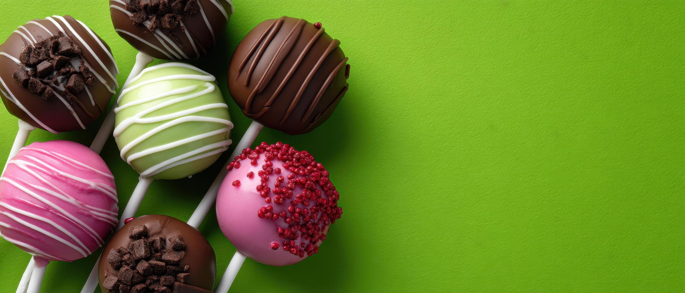 Whimsical mini dessert event featuring cake pops bright green background playful atmosphere photo