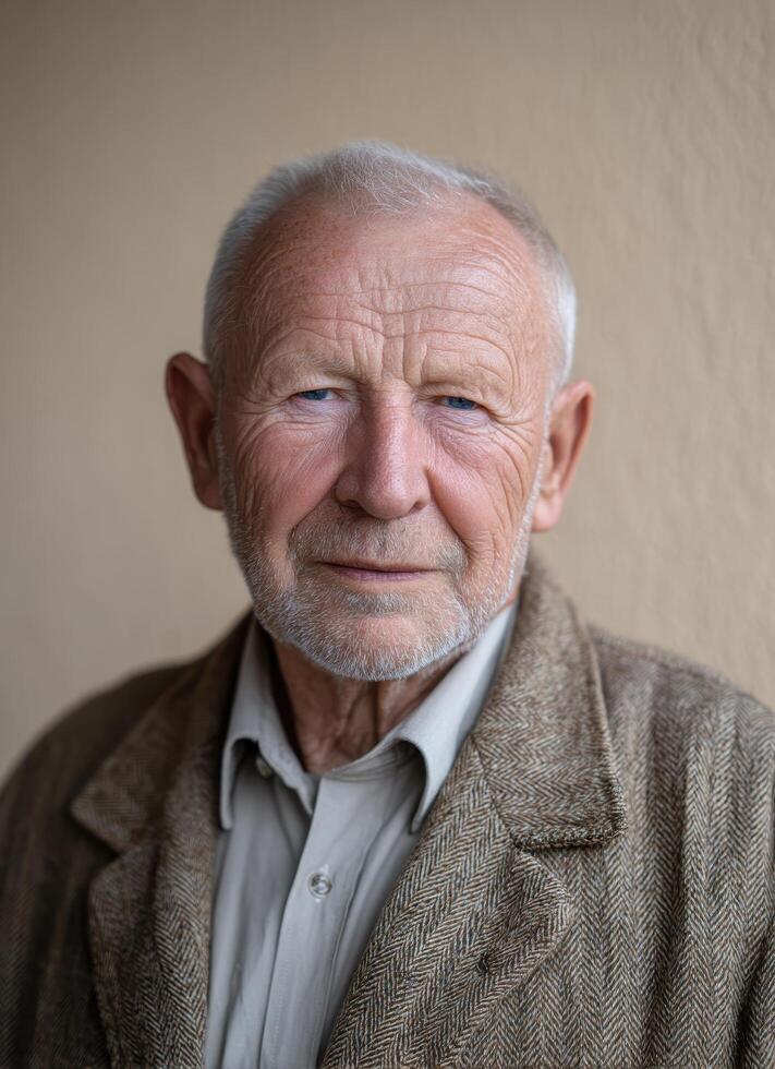 Elderly man wise gaze closeup portrait indoor setting natural light reflective emotions photo