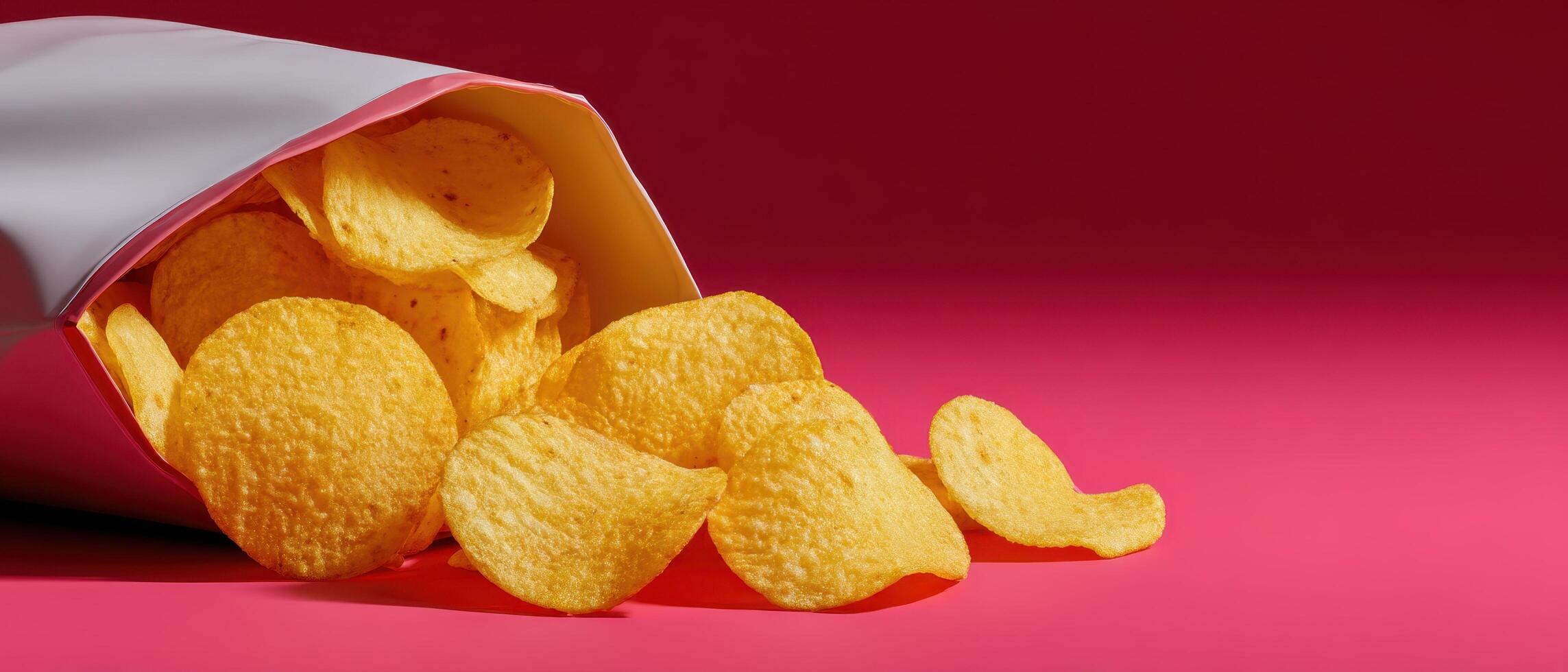Casual snack time with potato chips vibrant pink background food photography light and clean aesthetic photo