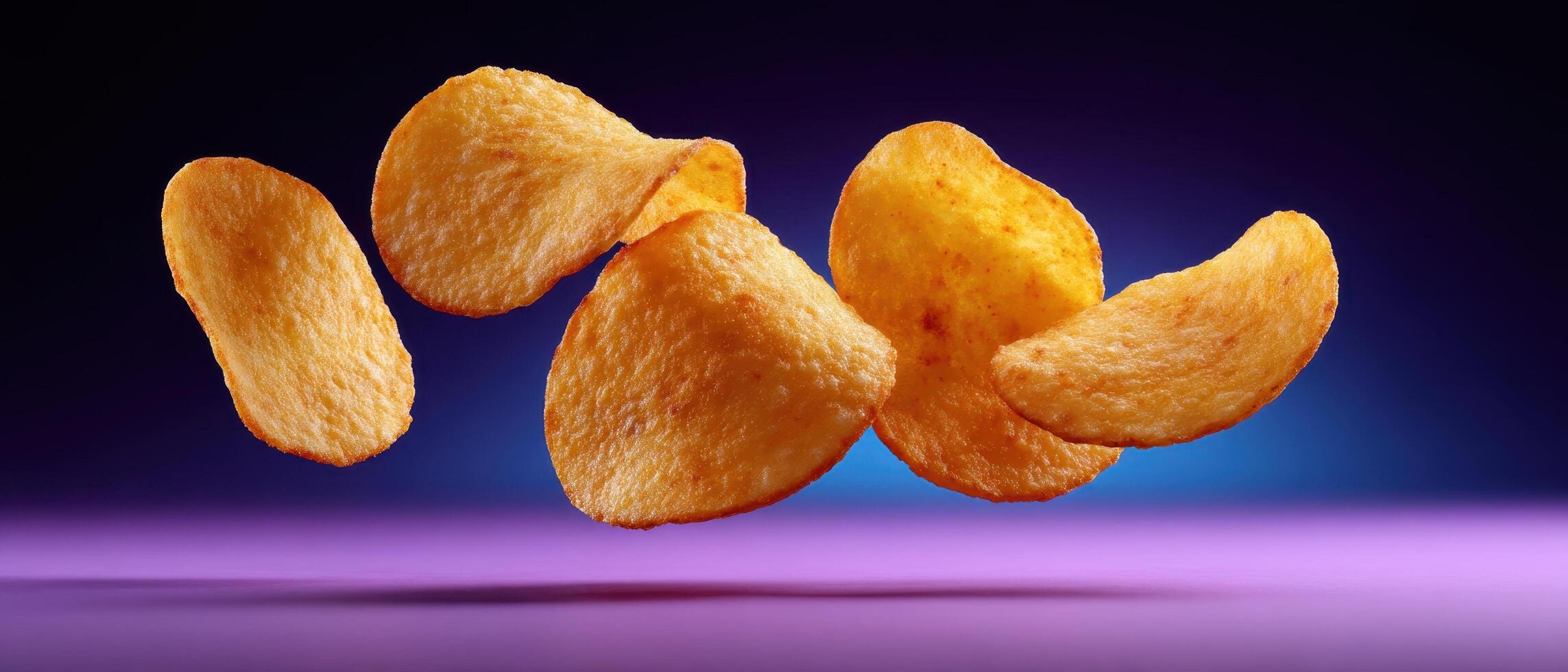 Floating golden potato chips studio setup minimalist photography colorful background close-up snack appeal photo