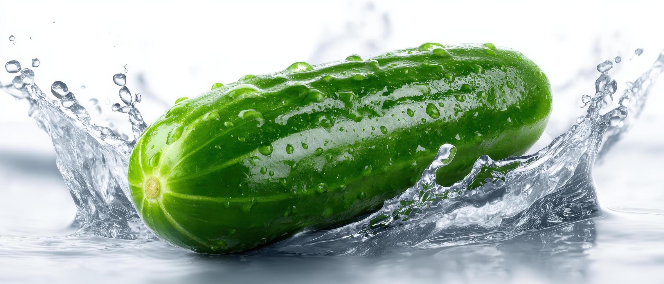 Splashing action of fresh cucumber studio background food photography crisp environment close-up focus photo