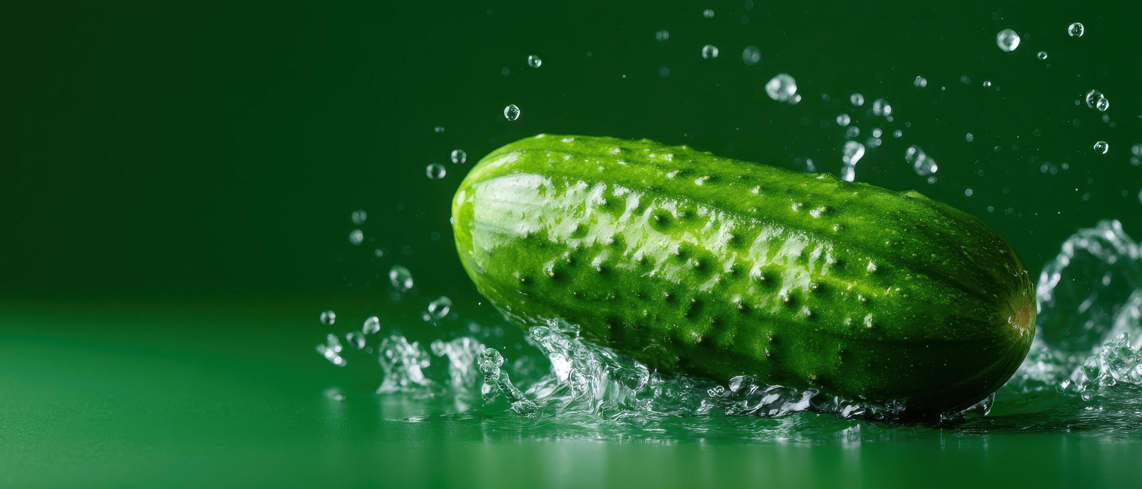 Cucumber splash action minimalist setting food photography green environment close-up view fresh concept photo