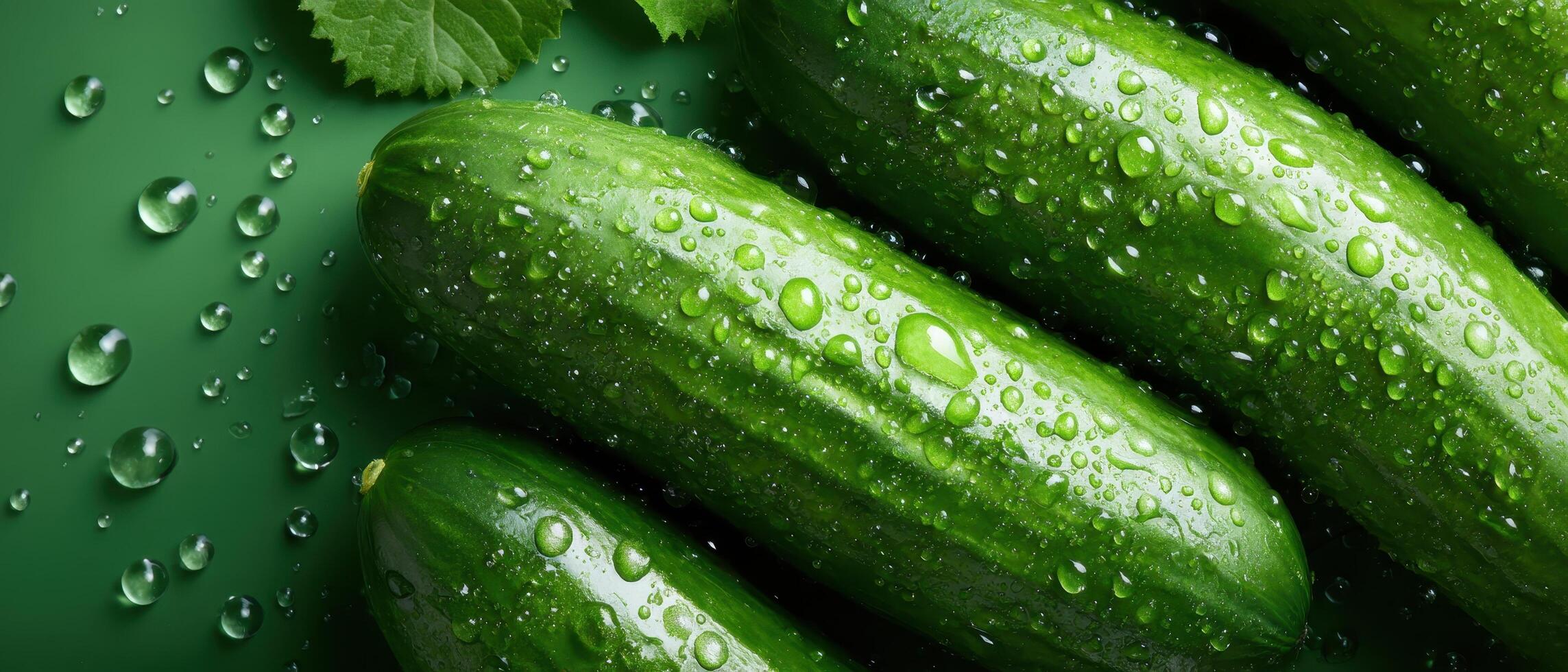 Fresh cucumbers display green background food photography natural setting close-up vibrant colors photo