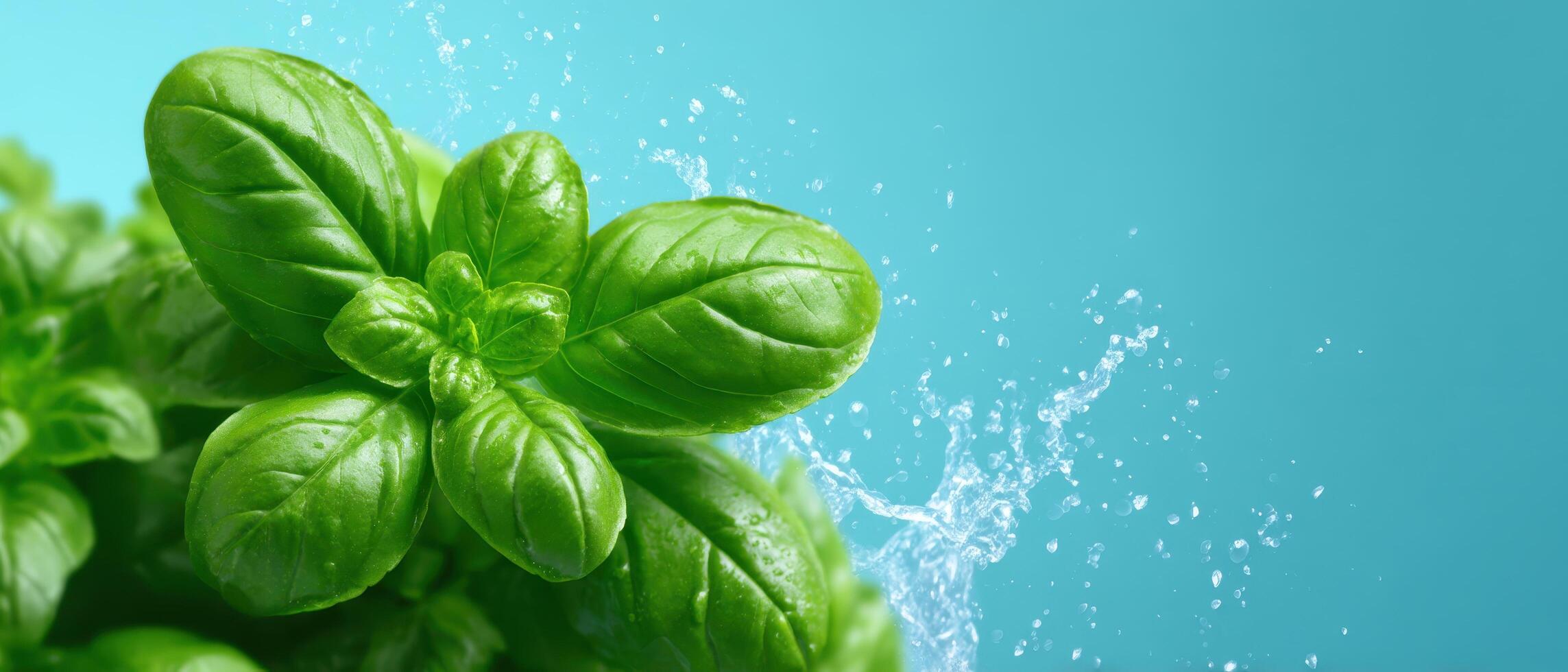 Fresh basil leaves splashing water close-up nature photography vibrant green environment photo