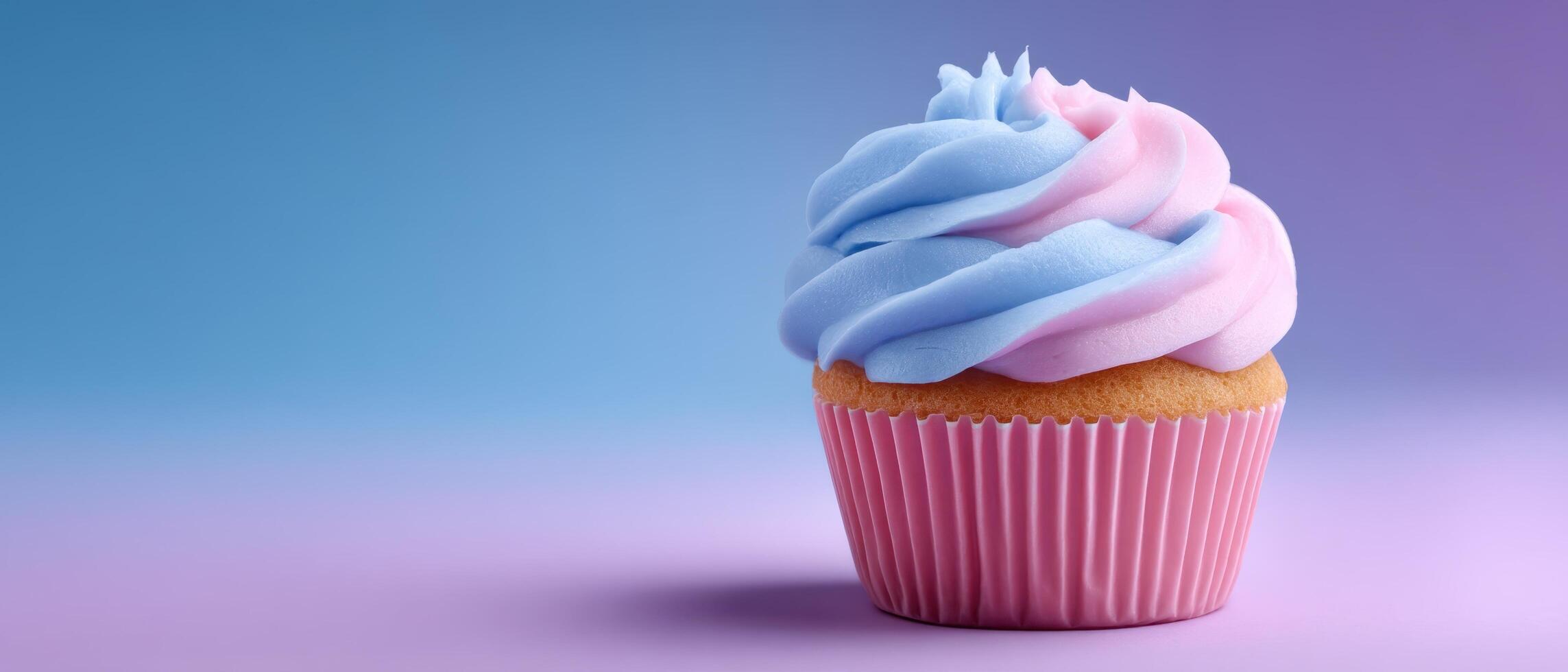 Delicate pastel pink cupcake with swirls bakery display food photography soft gradient background close-up view photo