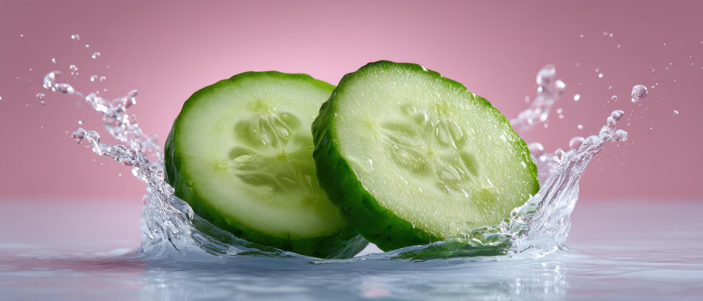 Refreshing splash of water over sliced cucumbers kitchen food photography bright close-up culinary art photo