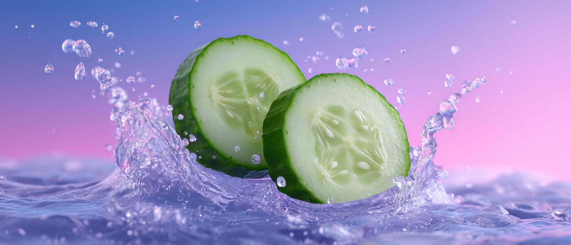Refreshing water splash over sliced cucumbers vibrant background food photography culinary art photo