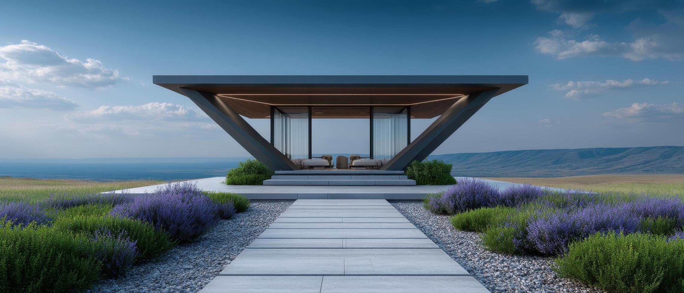 Sleek contemporary gazebo in open field modern architecture tranquil environment aesthetic viewpoint photo
