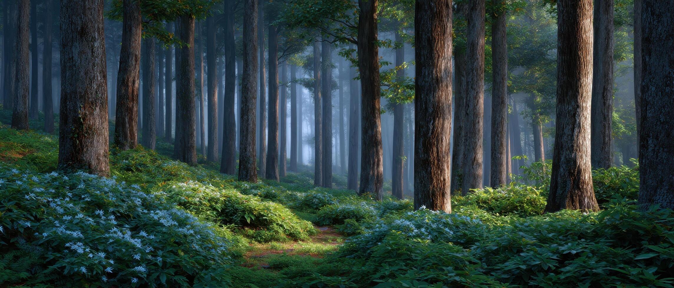 Tranquil forest landscape with slender trees serene nature scene lush green environment peaceful view photo