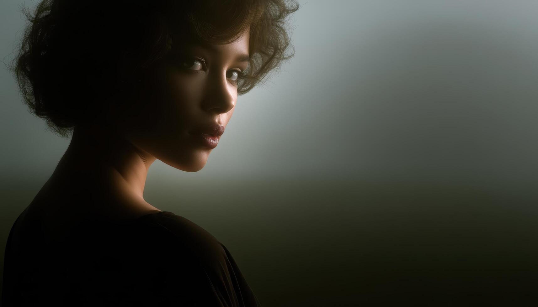 Contemplative woman in soft silhouette studio setting portrait photography calm environment side view photo
