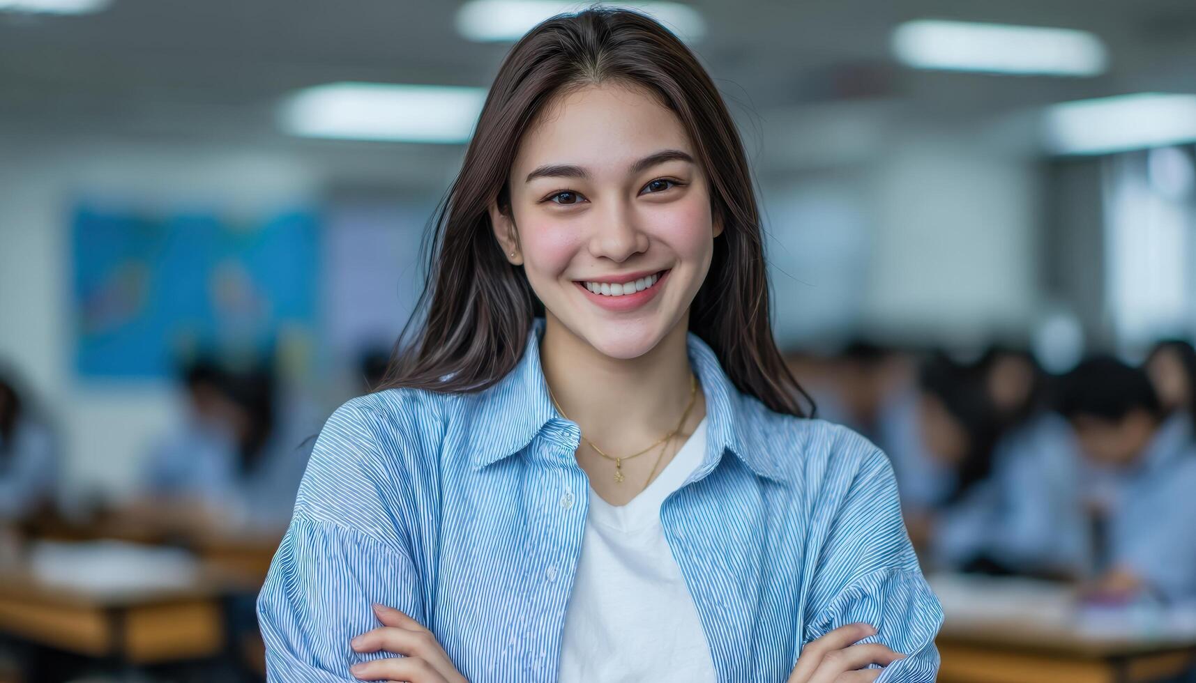 Smiling student in classroom educational setting portrait photography bright environment engaging perspective photo