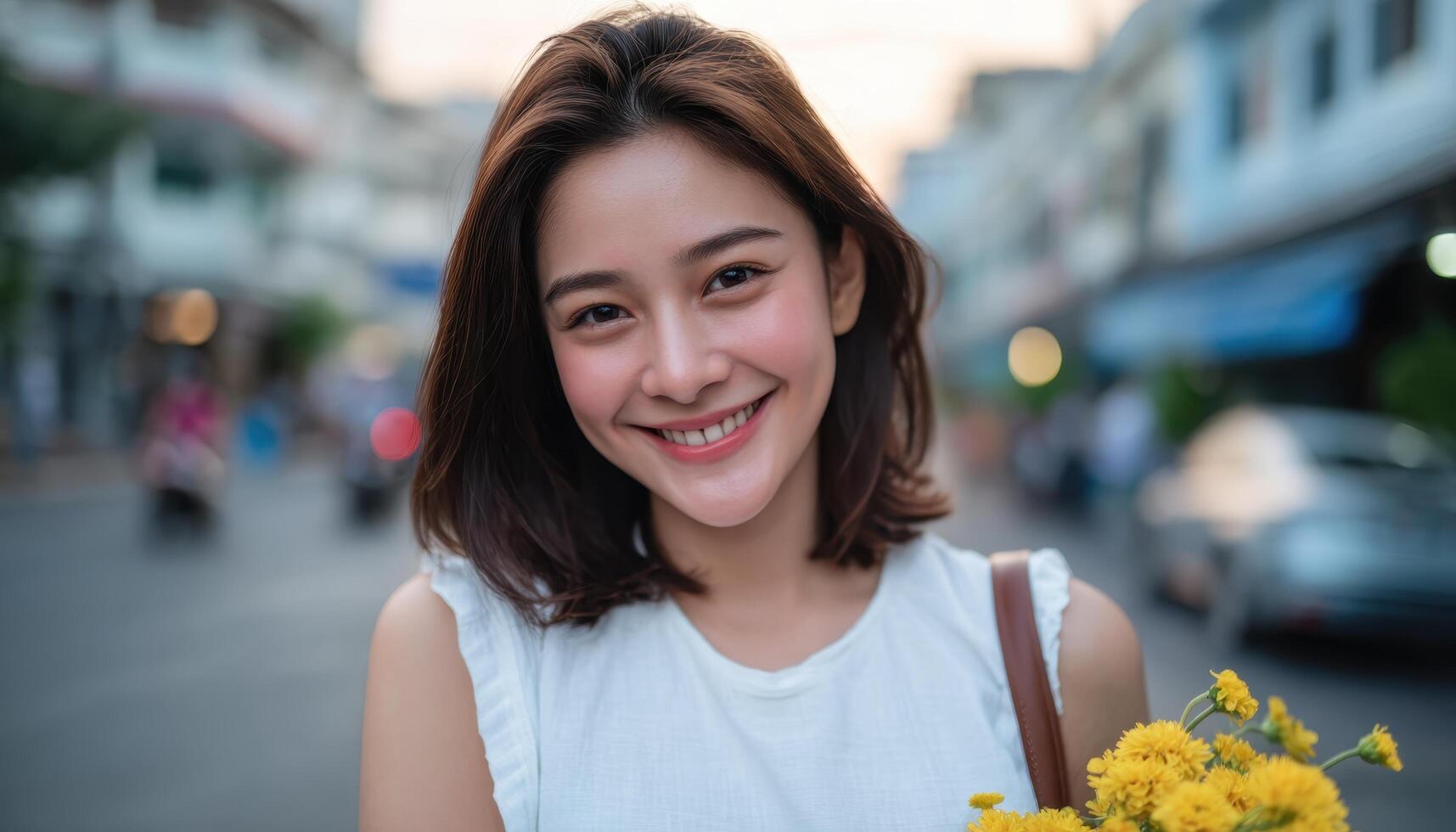 Happy young woman smiling in urban street holding flowers morning light joyful vibe photo