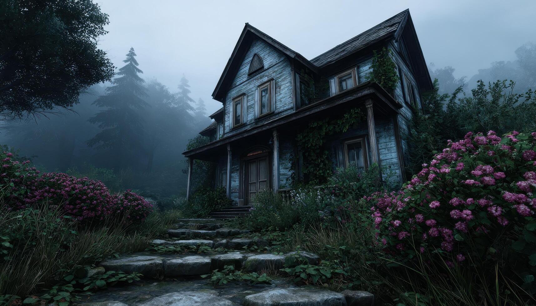 Crumbling victorian house surrounded by dense forest atmospheric scene mysterious environment photo